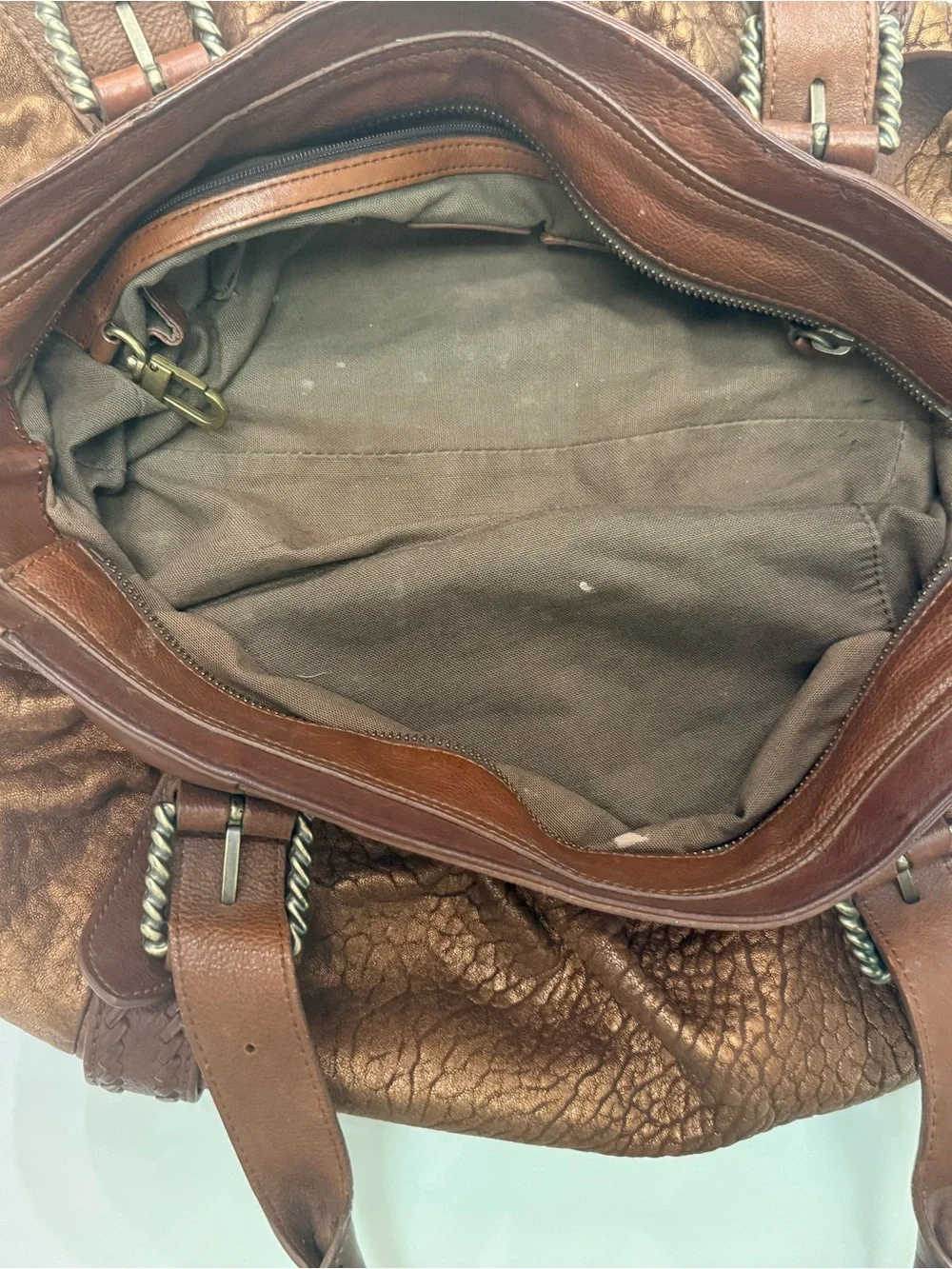 Cole Haan Metallic Brown Leather Double Handles Zippper Satchel Shoulder Bag